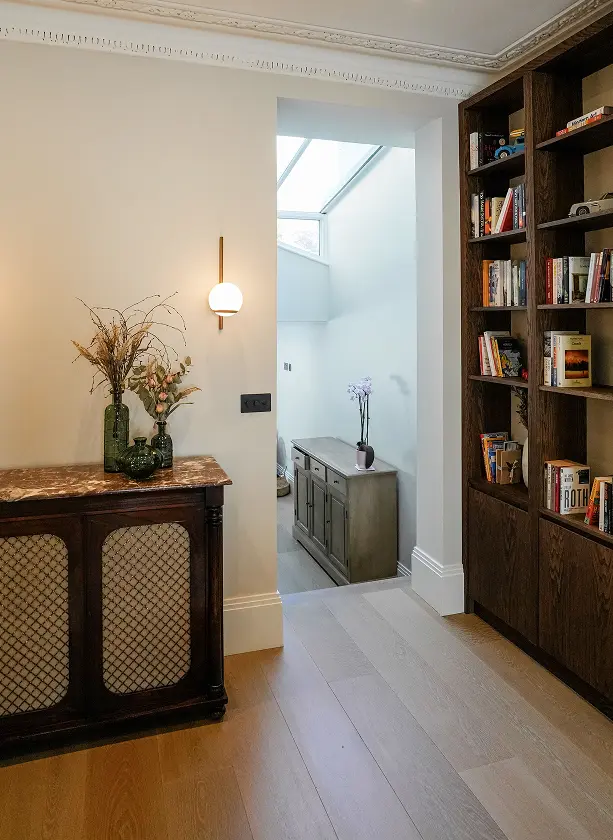 Victorian house refurbishment in Fulham with hallway console and shelving.