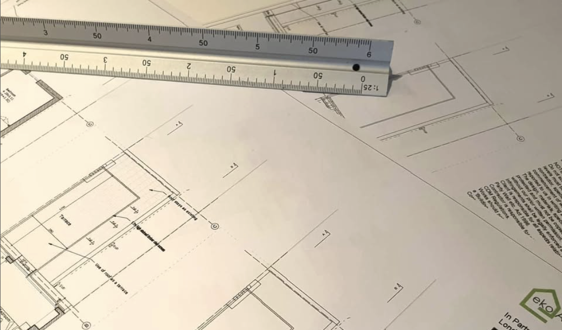 Architectural plans and materials prepared for London renovation project.