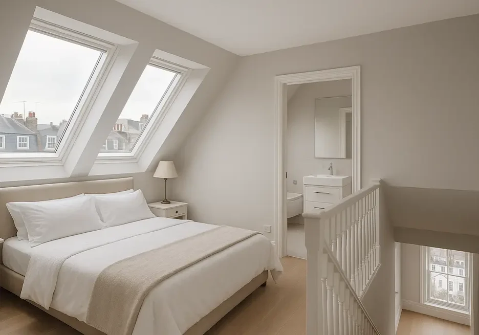 Loft conversion in Notting Hill London with bespoke staircase and Velux windows