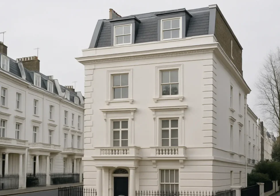 Mansard loft conversion on a stucco townhouse in Kensington, London.