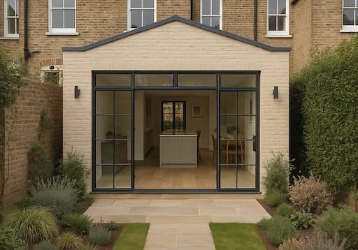 House extensions London interior with hallway, bookshelves, and marble console table.