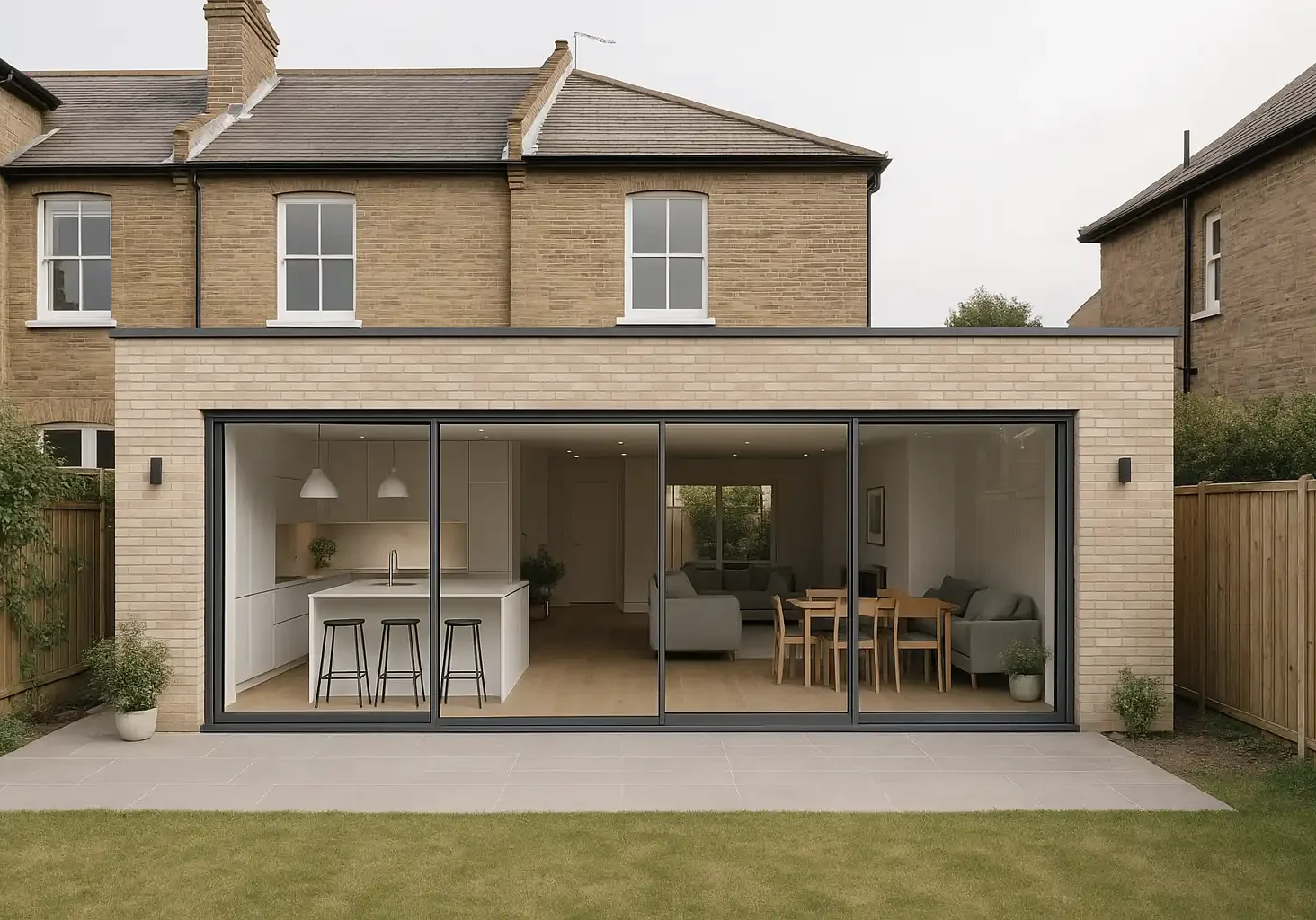 Wraparound extension in Wandsworth London with open-plan kitchen and garden views